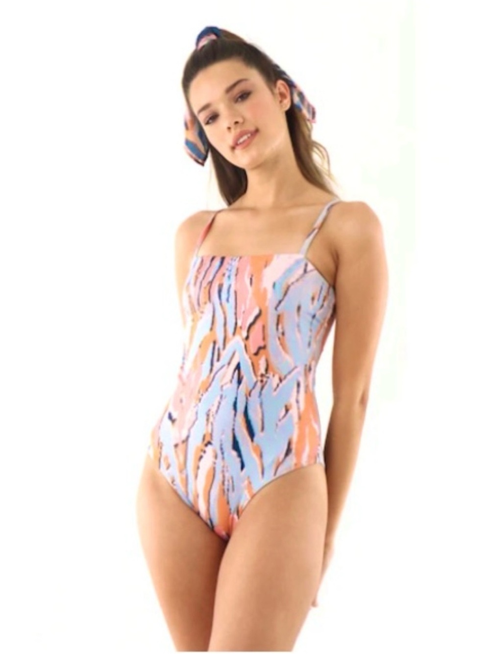 NWOT  Coral & Light Blue Square-Neck One-Piece Swimsuit